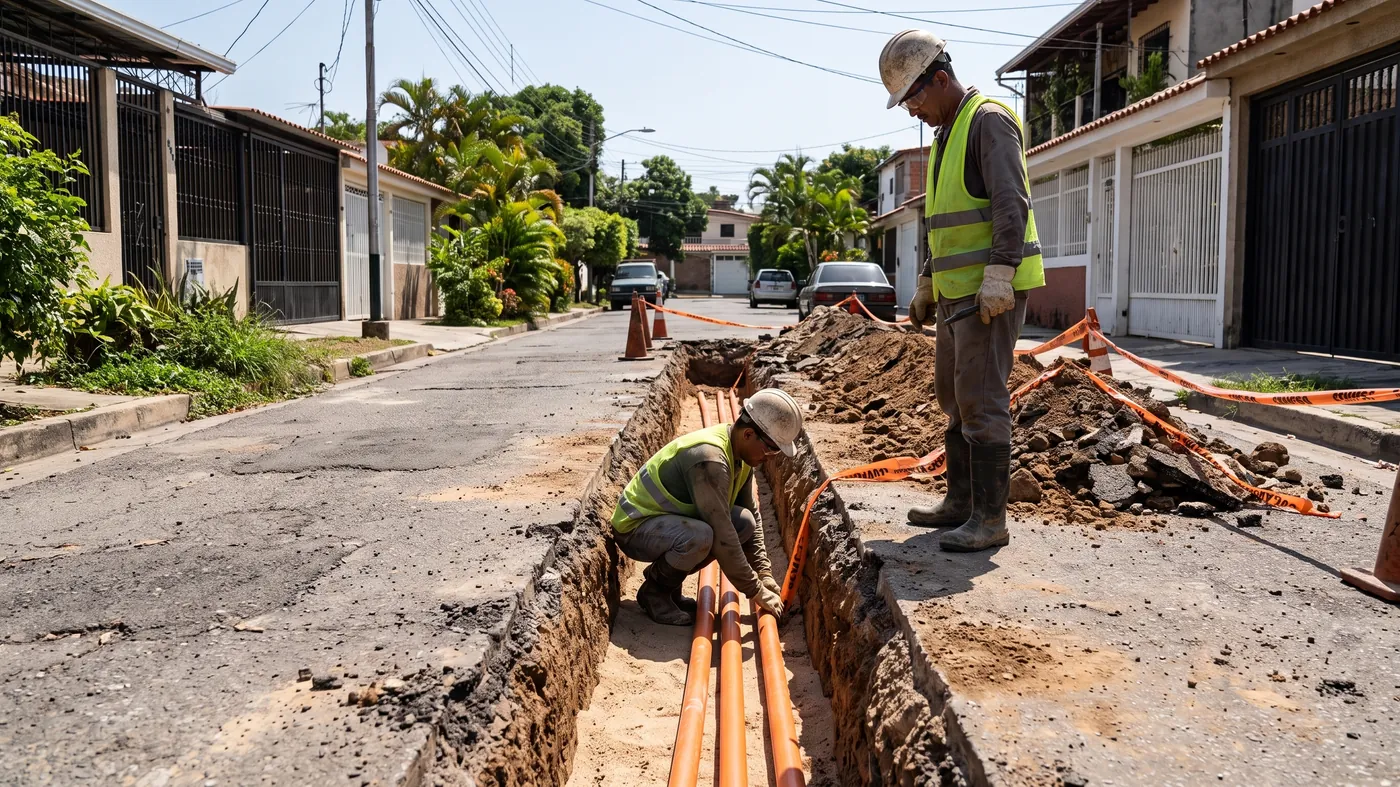 Tendido de fibra óptica subterráneo: cuadrilla instalando ductos HDPE sobre cama de arena en zanja, urbanismo residencial en Caracas